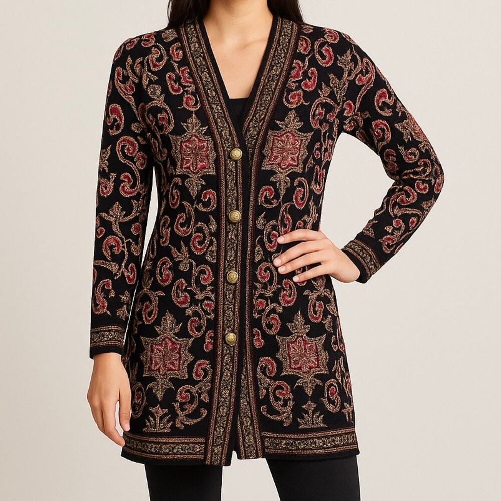 Vintage Size L Wool Blend Metallic Cardigan Sweater Duster Long Sleeve Fall